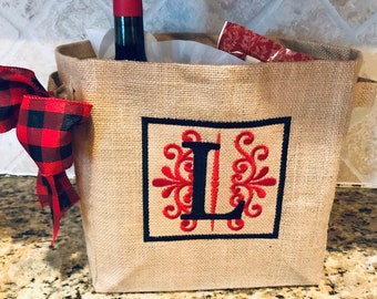 Burlap Basket, Monogram Initial Burlap Gift Basket, Personalized Basket