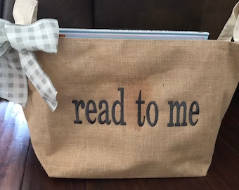 Personalized Large Burlap  Basket, Book Basket, Home Decor Basket, Embroidered