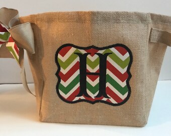 Burlap Christmas Basket, Monogram Burlap Gift Basket, Personalized Basket