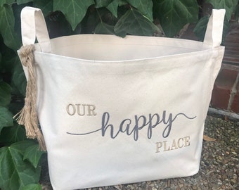 Personalized Large Canvas Basket, Happy Place Basket