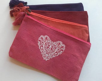 Heart Burlap Bag, Bridesmaid Gift,  Personalized Cosmetic Bag,