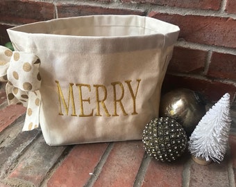 Merry Christmas Basket, Monogram Canvas Gift Basket, Personalized Basket