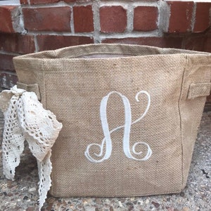 Burlap Basket, Monogram Burlap Gift Basket, Personalized Basket Large Vine Initial