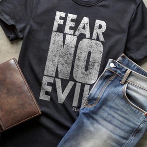 Fear No Evil Graphic Tee - Slightly Distressed Psalm 23:4 Christian Unisex Softstyle T-Shirt