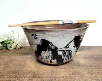 Handbemalte Ramen-Schale aus Keramik, Bergwasserfall-Motiv, auf der Töpferscheibe gefertigtes Geschirr