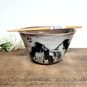 Handmade Ceramic Bowl, Mountain Design, Wheel Thrown, Hand Painted Ramen Noodle Bowl, Asian Themed Gift, Unique Gift!
