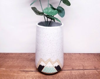 Handmade Ceramic Vase (6.8"), Modern Snowy Mountain Design, Wheel Thrown, Hand Painted and Carved , Unique Gift!