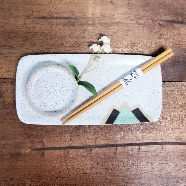 Handmade Ceramic Sushi/Serving Plate with Sauce Dish Set, Modern Mountain Design, Handmade, Hand Carved Serving Plates, Unique Gift!