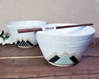 Handmade Ceramic Noodle Bowl, Mountain Design, Wheel Thrown, Hand Painted and Carved Ramen Noddle, Unique Gift!