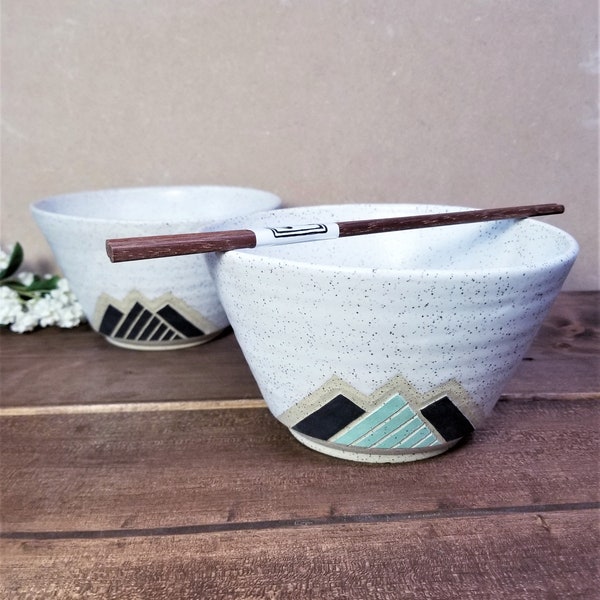 Handmade Ceramic Noodle Bowl, Mountain Design, Wheel Thrown, Hand Painted and Carved Ramen Noddle, Unique Gift!