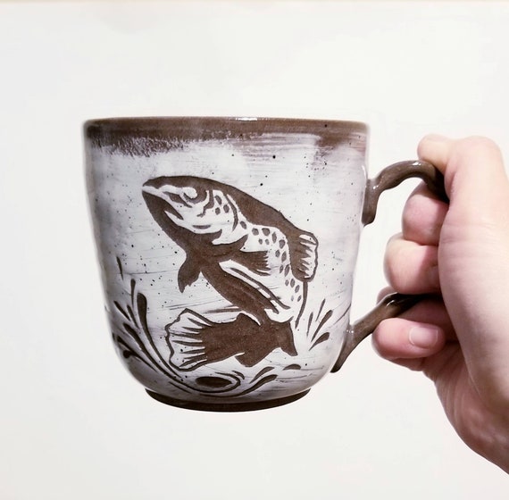 Handmade Ceramic Mug Fish Design, Wheel Thrown, Hand Painted and