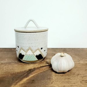 Handmade Ceramic Garlic Keeper: Modern Mountain Design Jar with Lid