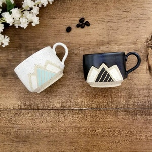 Modern Mountain Espresso Mug- Mountain design, Wheel Thrown, Hand Painted and Carved Mug for Coffee or tea Lovers.