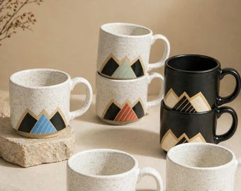 Handmade Ceramic Mug, Modern Mountain Design, Wheel Thrown, Hand Painted and Carved Mug.