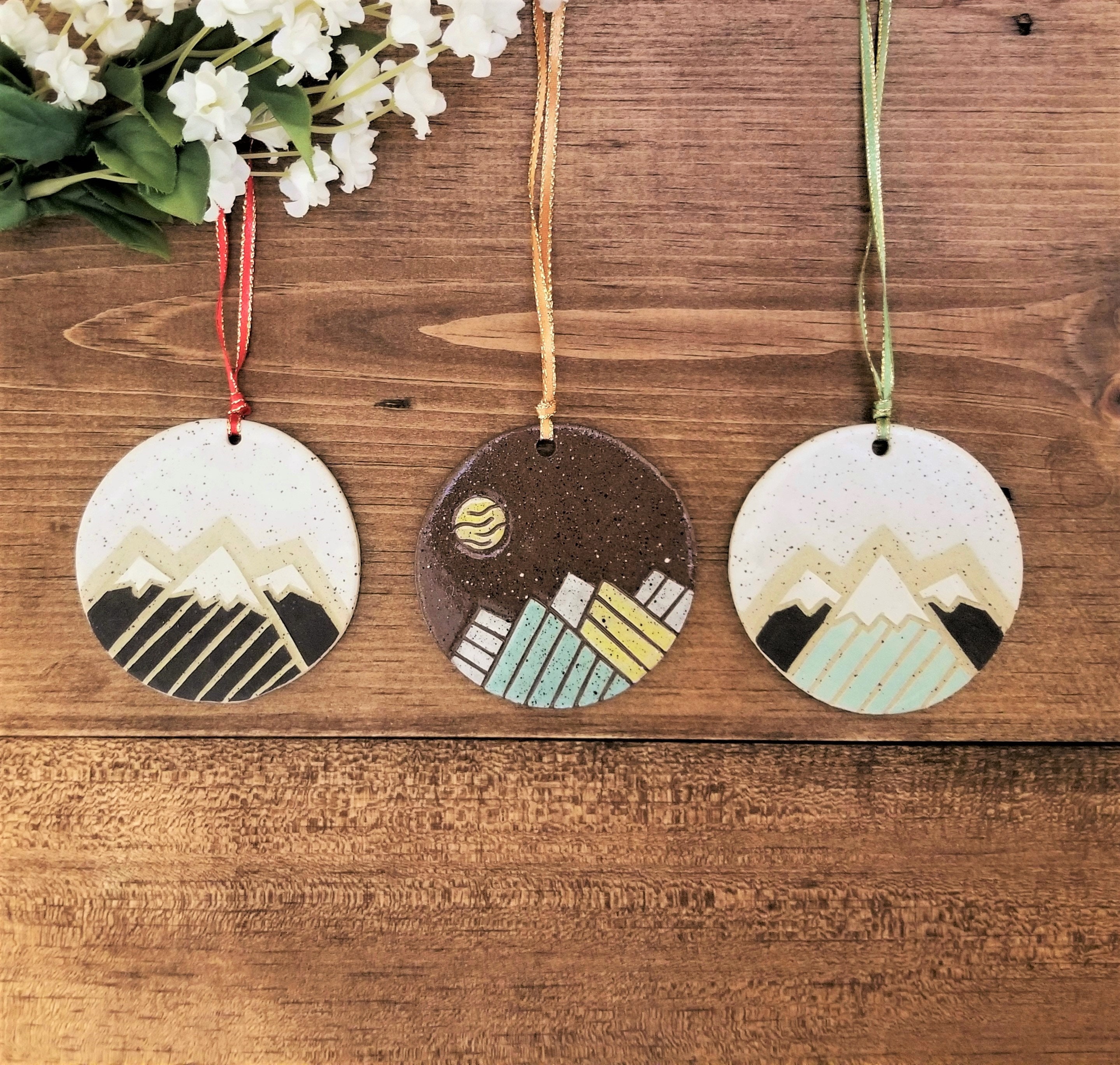 Ceramic Ornaments Modern Mountain Design Handmade Hand Etsy