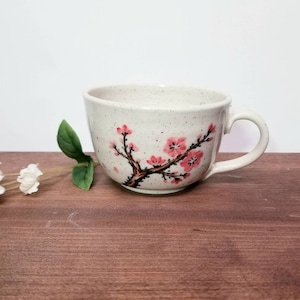 Handmade Ceramic Teacup, Cherry Blossom Design, Wheel Thrown, Hand Painted for Coffee or Tea Lovers