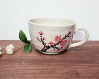 Handmade Ceramic Teacup, Cherry Blossom Design, Wheel Thrown, Hand Painted for Coffee or Tea Lovers