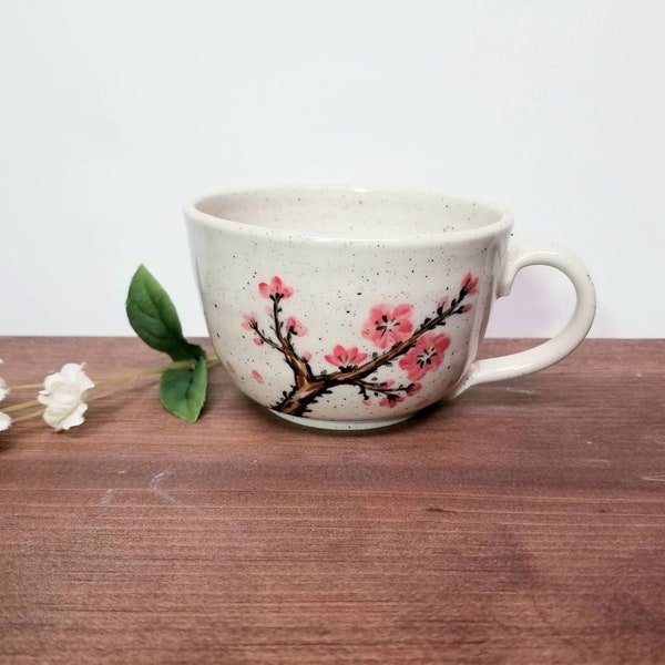 Handmade Ceramic Teacup, Cherry Blossom Design, Wheel Thrown, Hand Painted for Coffee or Tea Lovers