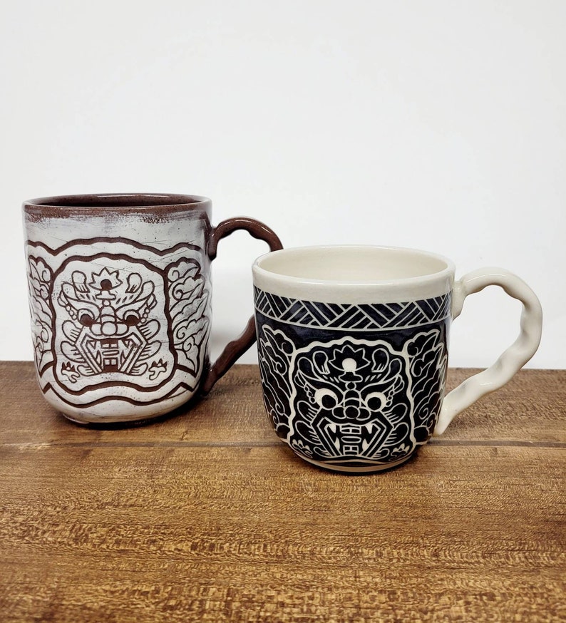 Handmade Ceramic Mug, Dragon Design, Wheel Thrown, Hand Painted and Carved Mug for Coffee and Tea Lovers, Asian Themed Gift, Unique Gift image 1