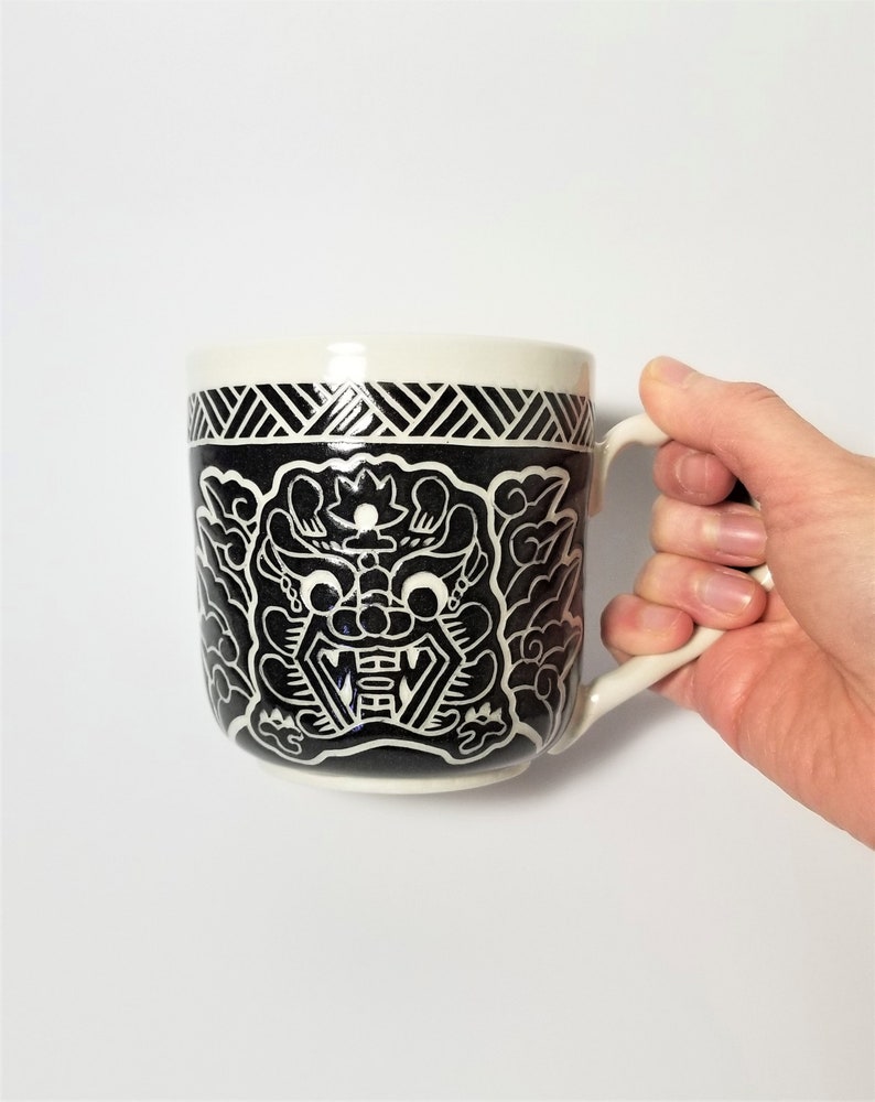 Handmade Ceramic Mug, Dragon Design, Wheel Thrown, Hand Painted and Carved Mug for Coffee and Tea Lovers, Asian Themed Gift, Unique Gift image 3