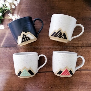 Handmade Ceramic Mug, Modern Mountain Design, Wheel Thrown, Hand Painted and Carved Mug.