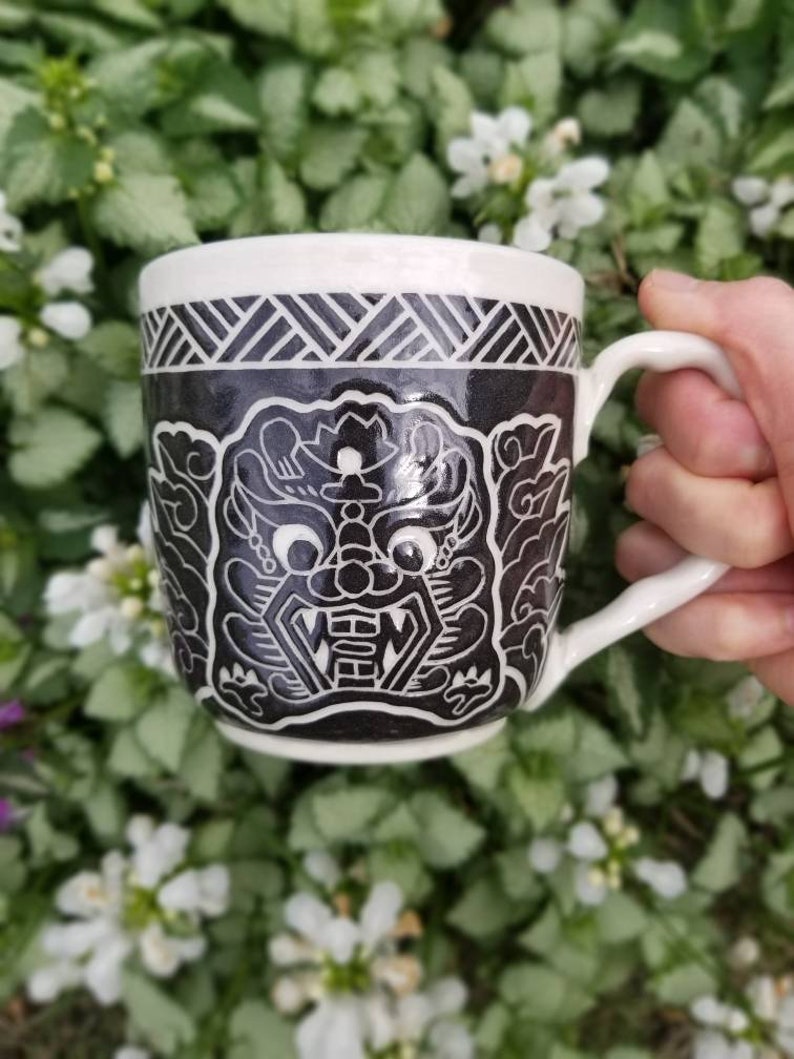 Handmade Ceramic Mug, Dragon Design, Wheel Thrown, Hand Painted and Carved Mug for Coffee and Tea Lovers, Asian Themed Gift, Unique Gift image 4