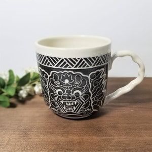 Handmade Ceramic Mug, Dragon Design, Wheel Thrown, Hand Painted and Carved Mug for Coffee and Tea Lovers, Asian Themed Gift, Unique Gift image 2