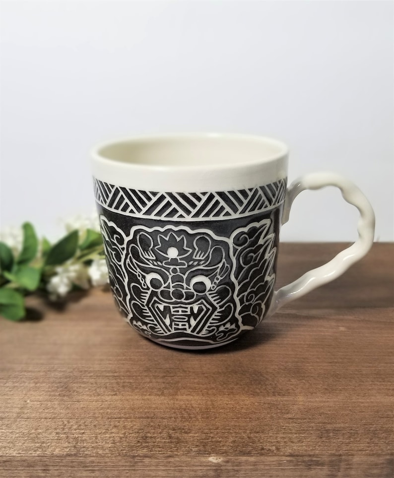 Handmade Ceramic Mug, Dragon Design, Wheel Thrown, Hand Painted and Carved Mug for Coffee and Tea Lovers, Asian Themed Gift, Unique Gift image 2