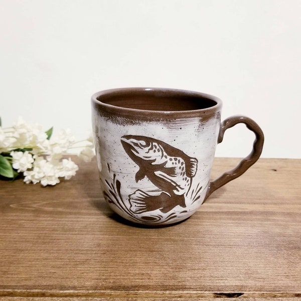 Handmade Ceramic Mug Fish Design, Wheel Thrown, Hand Painted and Carved Mug for Coffee or Tea Lovers, Unique Gift