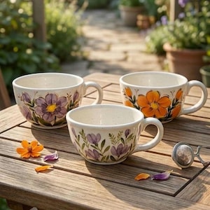 May include: Three ceramic teacups with floral designs in purple and orange sit on a wooden table. The cups have a cream-coloured base and are decorated with hand-painted flowers. A tea infuser and flower petals are also on the table.