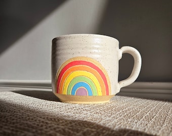 Handmade Ceramic Mug, Modern Rainbow Design, Wheel Thrown, Hand Painted and Carved Mug for Coffee or Tea Lovers, Unique Gift!