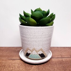 May include: A white speckled ceramic plant pot with a mountain design in black, grey, and teal, containing a green succulent. The pot sits on a matching saucer, offering a decorative and natural look.