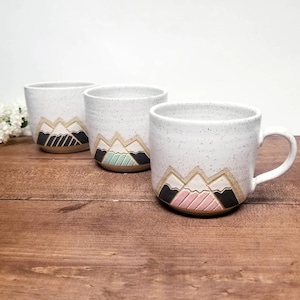 Handmade Ceramic Mug, Modern Snowy Mountain Design (2 sizes), Wheel Thrown, Hand Painted and Carved Mug.