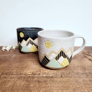 Handmade Ceramic Mug, Modern Moon Mountain Design, Wheel Thrown, Hand Painted and Carved Mug for Coffee or Tea Lovers, Unique Gift!