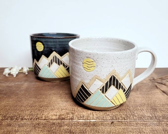 Handmade Ceramic Mug, Modern Moon Mountain Design, Wheel Thrown, Hand Painted and Carved Mug for Coffee or Tea Lovers, Unique Gift!