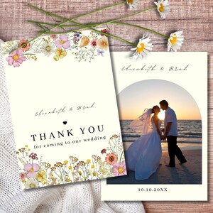Photo de carte de remerciement de mariage, toile modifiable, cartes de remerciement fleurs sauvages, floral chic, papillon, marguerite aquarelle, bordeaux, fleur des prés