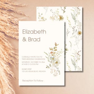 Minimalist Neutral Boho Wedding Invite, Modern Wedding Invitation, Dried Flower, tan, Ivory, Small daisy Flower
