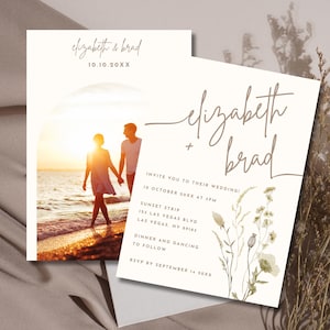 Floral Bouquet Wedding Photo Invitation, Modern Wedding Invite, Dried Floral tan, Calligraphy font Small flower, wildflower rustic wedding