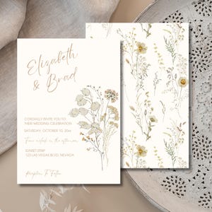 Neutral Boho Wedding Invite, Modern Wedding Invitation, Dried Floral Ivory, Small Flower
