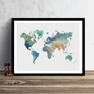 Mapa del mundo acuarela ilustración arte impresión mapa grande impresión mapa pared arte cartel decoración del hogar regalo IMPRESIÓN