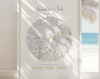 Personalised Wedding Map Print & Frame | Anniversary Gift for Couple, Engagement First Date Heart Map, Valentines Minimalist Wall Art