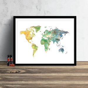 World Map Watercolor Illustration Art Print Large Map Print Map Wall Art Poster Home Decor Gift PRINT #GREEN GOLD White