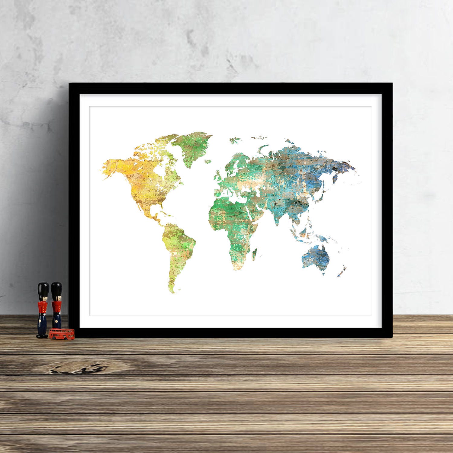 World Map Watercolor Illustration Art Print Large Map Print Map Wall Art Poster Home Decor Gift PRINT #GREEN GOLD White