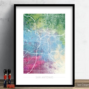 Kaart San Antonio Texas - stratenplan stad, Texas VS - Art Print aquarel illustratie muur kunst Home decor cadeau - natuur serie PRINT