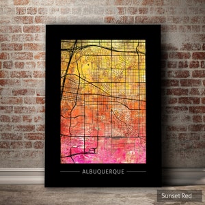 Kaart van Albuquerque - stratenplan stad van Albuquerque, New Mexico - Art Print aquarel muur kunst Home decor cadeau - zonsondergang serie PRINT