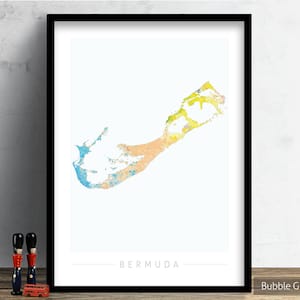 Mapa de las Bermudas - Mapa de la isla de las Bermudas - Impresión de arte Ilustración de acuarela Arte de la pared Regalo de decoración del hogar - IMPRESIÓN DE LA SERIE DE LA NATURALEZA