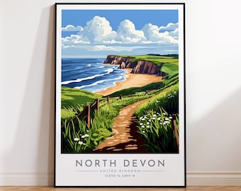 North Devon Travel Poster - England, North Devon Print, Home Decor, Print Framed or Canvas