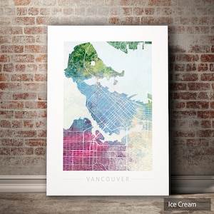 Mapa de Vancouver - Mapa de calles de la ciudad de Vancouver, Canadá - Impresión de arte Ilustración de acuarela Arte de pared Regalo de decoración del hogar - Serie de la naturaleza PRINT