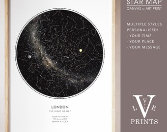 Impression carte des étoiles personnalisée par date, cadeau de mariage, cadeau d'anniversaire, poster carte des étoiles, impression constellation | CIEL NUIT en BLANC