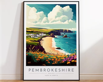 Pembrokeshire Travel Poster - Wales, Pembrokeshire Travel Print, Home Decor, Print Framed or Canvas